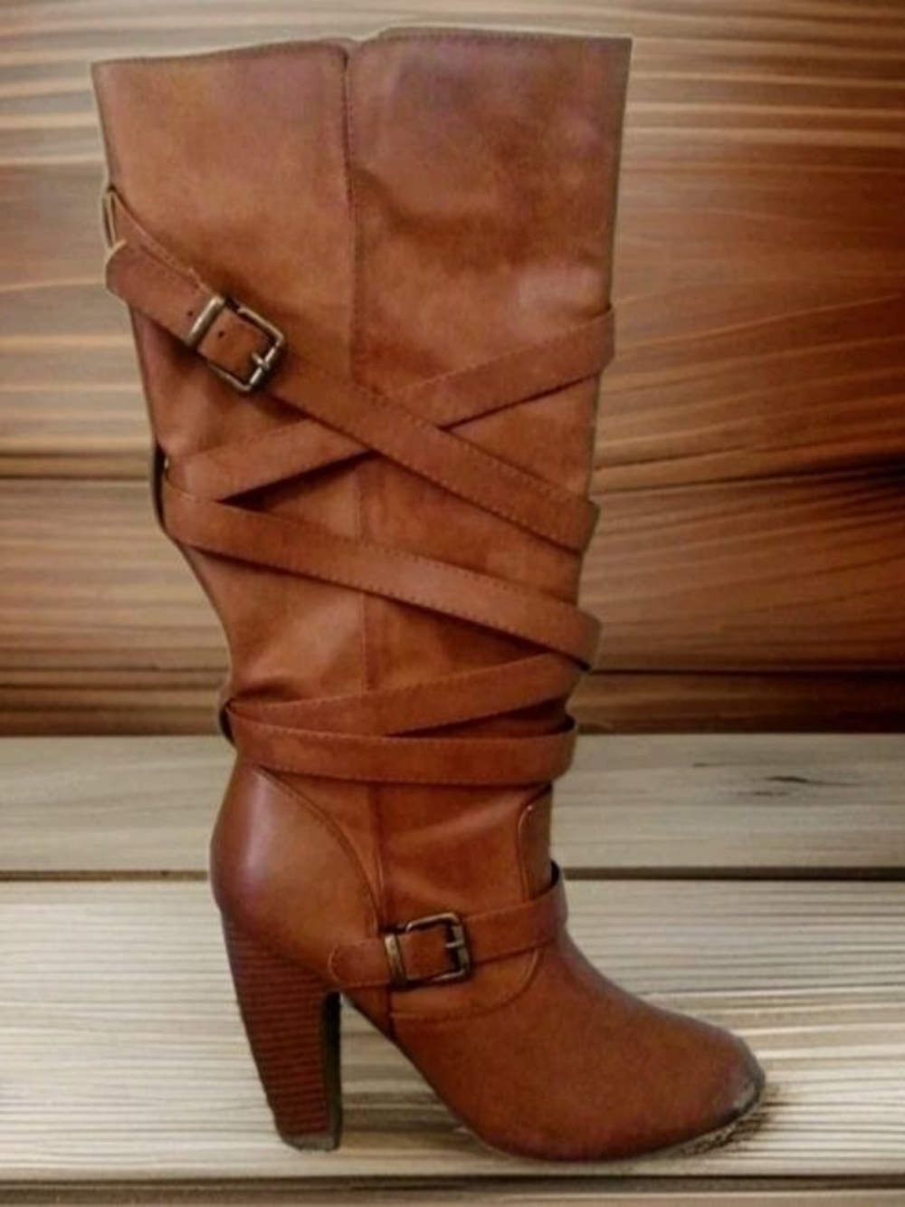 Women's Brown Strappy High-Heel Mid-Calf Boot